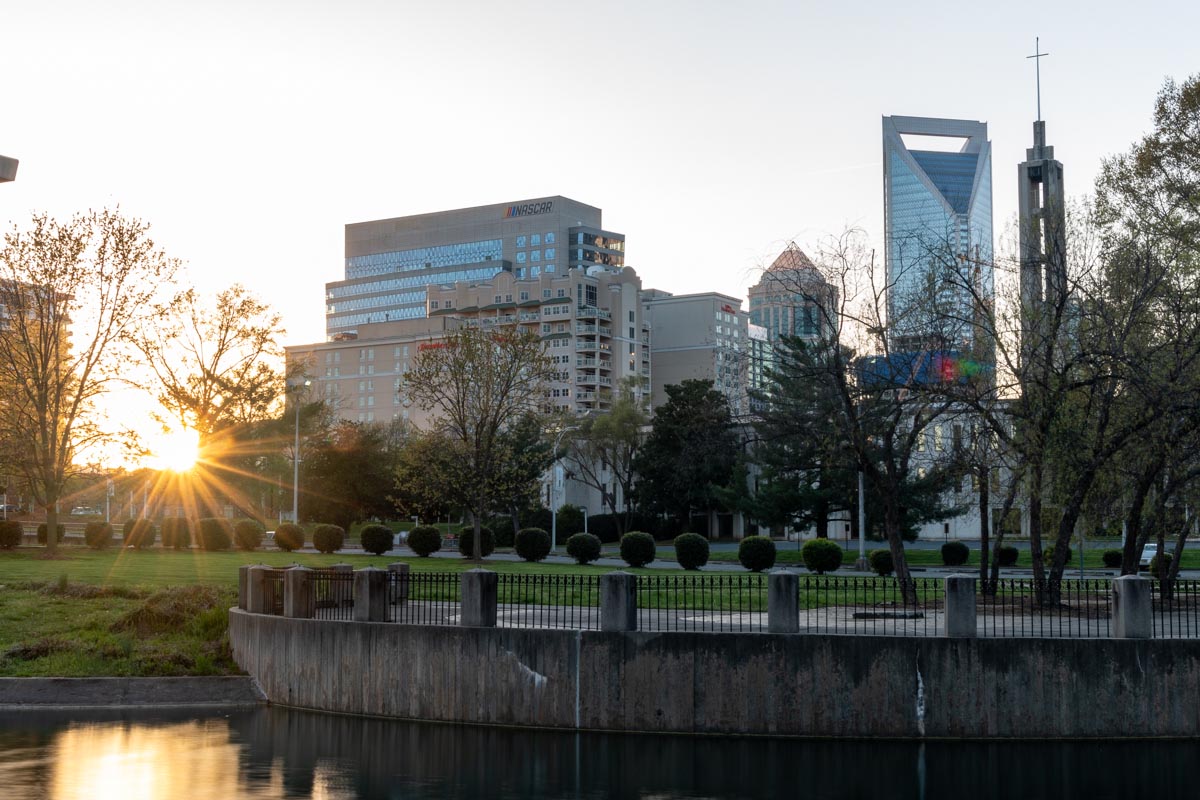 The view of NASCAR Productions and NASCAR Hall of Fame in the downtown Charlotte skyline. Photo by Peter Stringer for Amazing America.