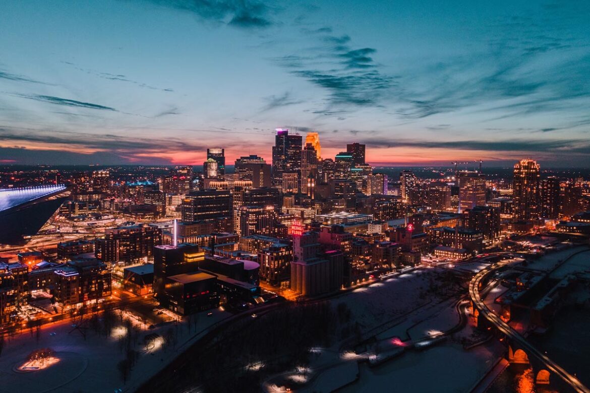 The Minneapolis skyline at night.
